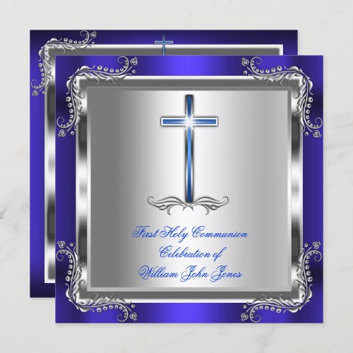 Boy First Holy Communion Silver Royal Blue 3b Invitation