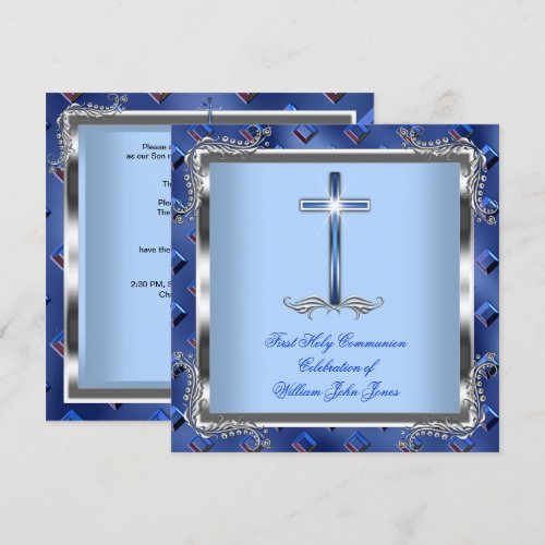 Boy First Holy Communion Silver Royal Blue 4 Personalized Invites