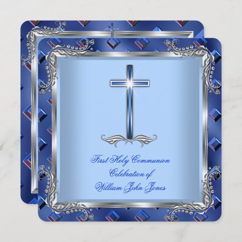 Boy First Holy Communion Silver Royal Blue 4B Invitation