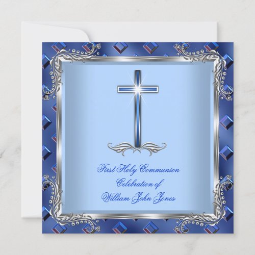 Boy First Holy Communion Silver Royal Blue 4B Invitation