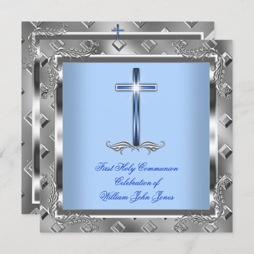 Boy First Holy Communion Silver Royal Blue 5 Invitation