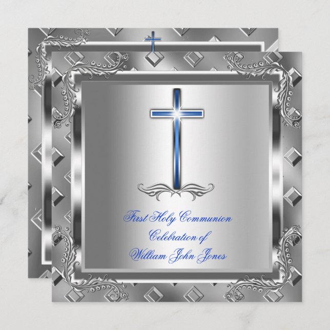 Boy First Holy Communion Silver Royal Blue 6 Invitation (Front/Back)