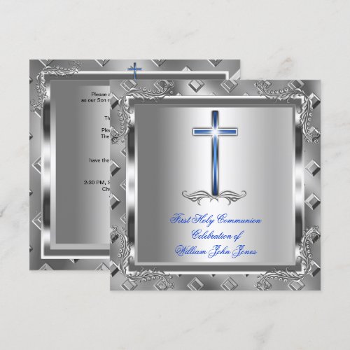 Boy First Holy Communion Silver Royal Blue 6 Personalized Invitation