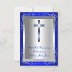 Boy First Holy Communion Silver Royal Blue Invitation | Zazzle