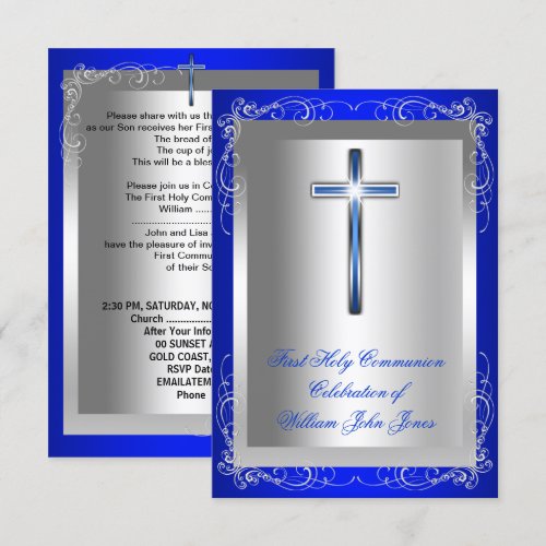 Boy First Holy Communion Silver Royal Blue Personalized Invites