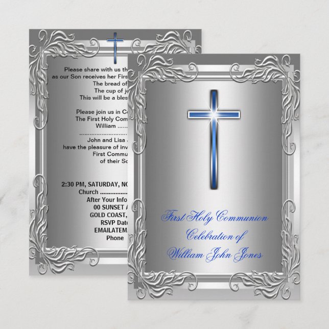 Boy First Holy Communion Silver Royal Blue Invitation (Front/Back)