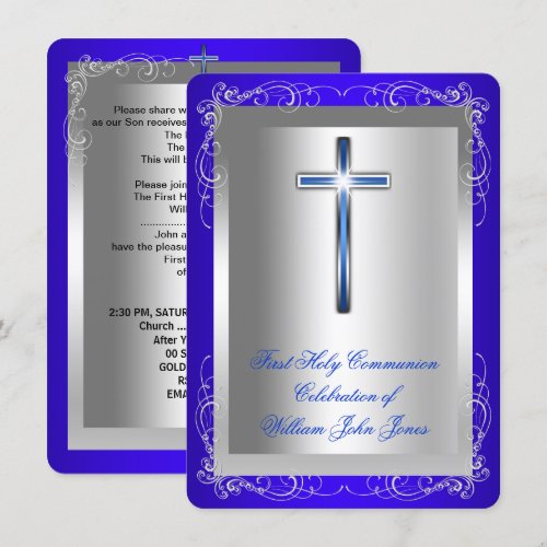 Boy First Holy Communion Silver Royal Blue Rounded Custom Announcements