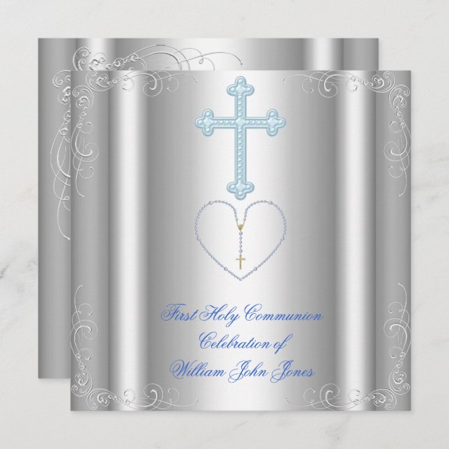 Boy First Holy Communion Silver White Blue Invitation (Front/Back)