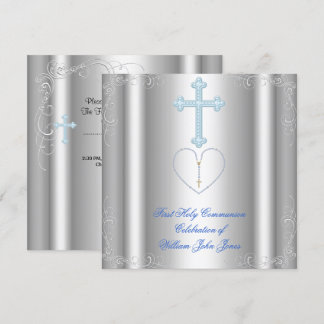 Boy First Holy Communion Silver White Blue Invitation