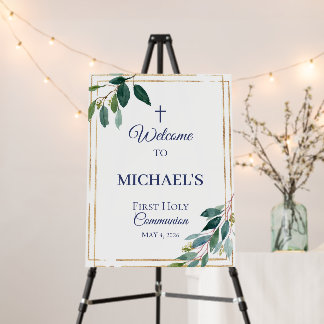 Boy First Holy Communion welcome sign - Greenery