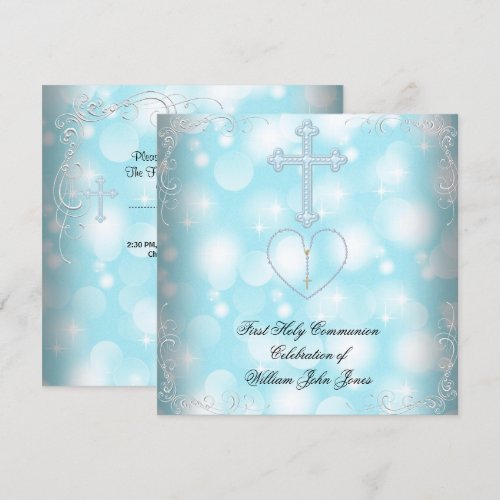 Boy First Holy Communion White Blue Invites