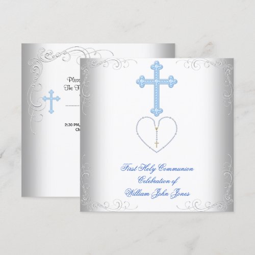 Boy First Holy Communion White Blue Personalized Invitation