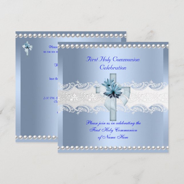 Boy First Holy Communion White Lace Blue Pearl 2 Invitation (Front/Back)