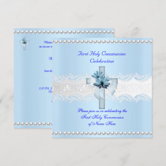 Boy First Holy Communion White Lace Blue Pearl Invitation