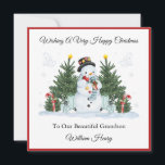 Boy First Second Third Christmas Snowman Card<br><div class="desc">This Christmas card is suitable for a boy on their first,  second or third Christmas. The design includes a red border outline,  light blue snowflakes,  watercolour Christmas trees,  candy canes,  presents and snowman.</div>