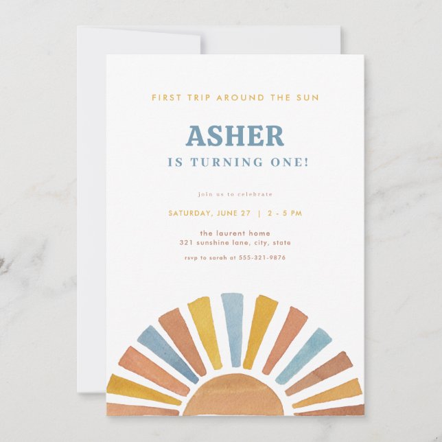 Boy First Trip Around the Sun Birthday Invitation  (Front)
