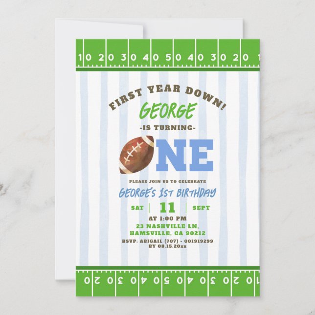 Boy First Year Touch Down Football First Birthday Invitation (Front)