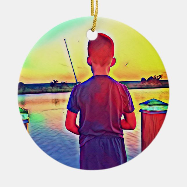 Boy fishing ceramic ornament (Front)