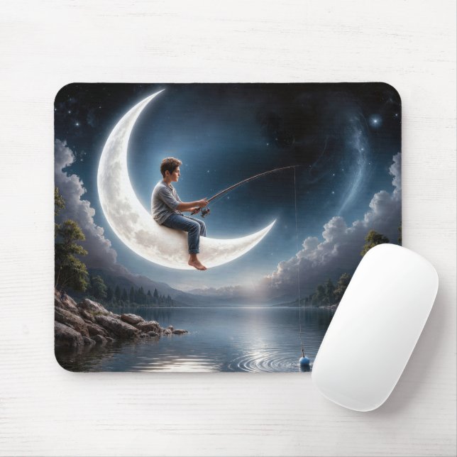 Boy Fishing from a Crescent Moon Mouse Pad (With Mouse)