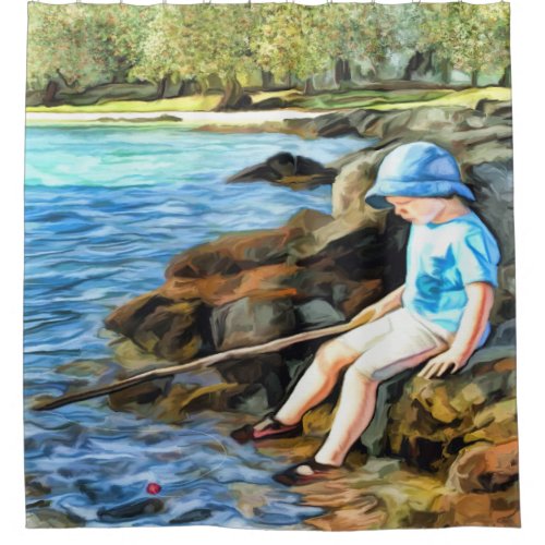 Boy fishing in a river shower curtain