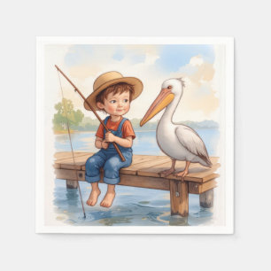 Boy Fishing On a Dock With a Pelican Napkins