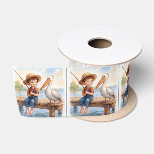 Boy Fishing On a Dock With a Pelican Satin Ribbon