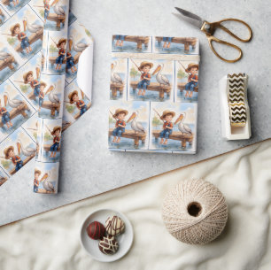 Boy Fishing On a Dock With a Pelican Wrapping Paper