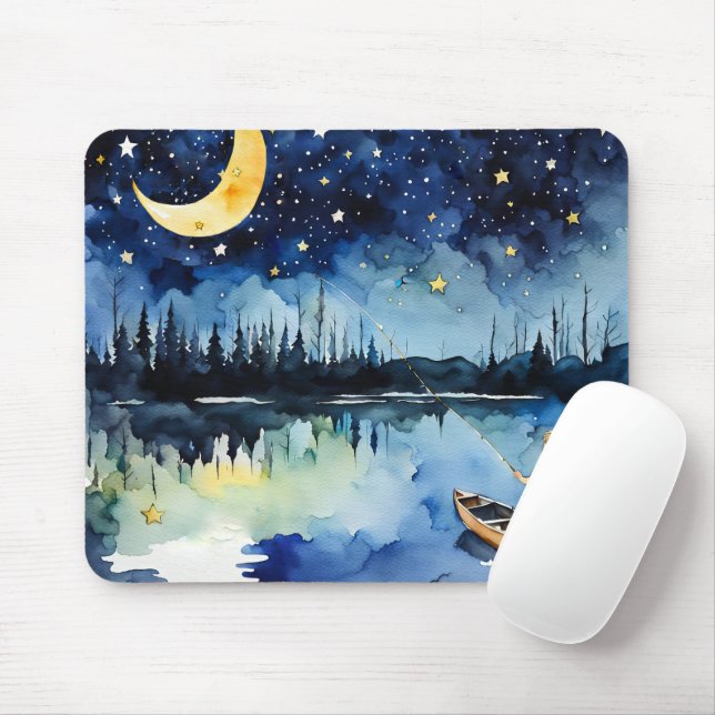 Boy Fishing Under Crescent Moon Mouse Pad (With Mouse)