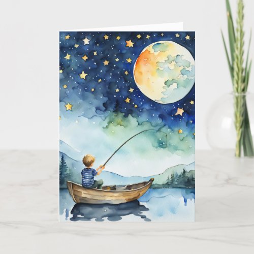 Boy Fishing Under Full Moon Birthday Card