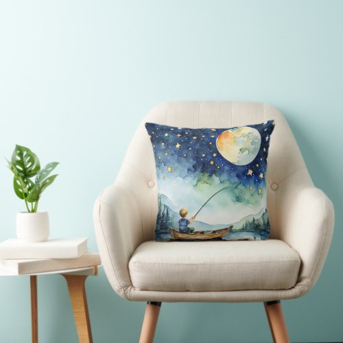 Boy Fishing Under Moon Watercolor Throw Pillow