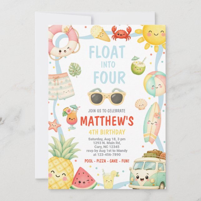 Boy FLOAT into FOUR pool party birthday invitation (Front)