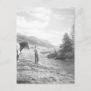 Boy fly fishing. postcard