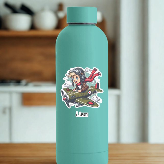 Boy Flying Airplane Clouds Fun Kids Personalized Sticker (Creator Uploaded)