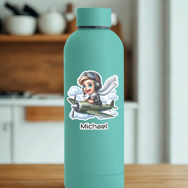 Boy Flying Airplane Clouds Fun Kids Personalized Sticker (Creator Uploaded)