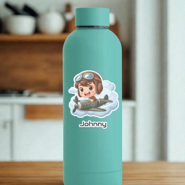  Boy Flying Airplane Clouds Fun Kids Personalized Sticker (Creator Uploaded)