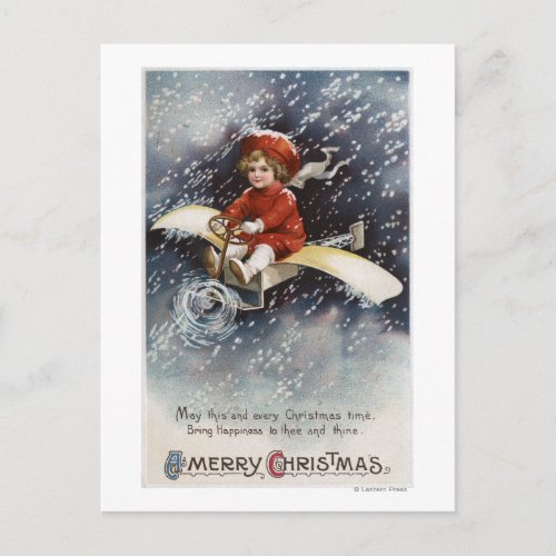 Boy Flying Make_Shift Airplane Holiday Postcard