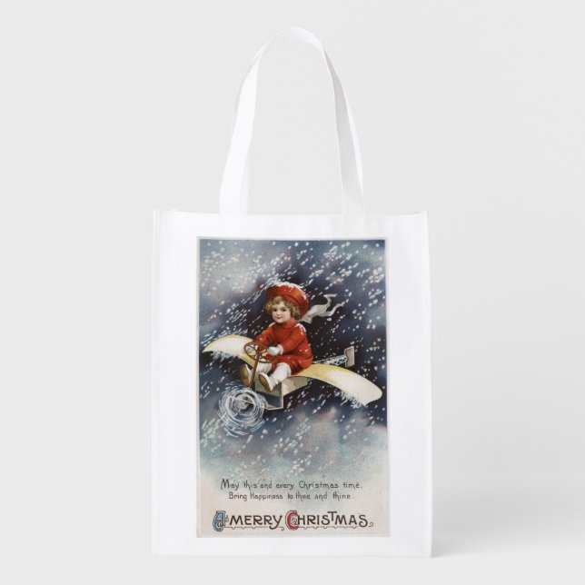 Boy Flying Make-Shift Airplane Reusable Grocery Bag (Front)