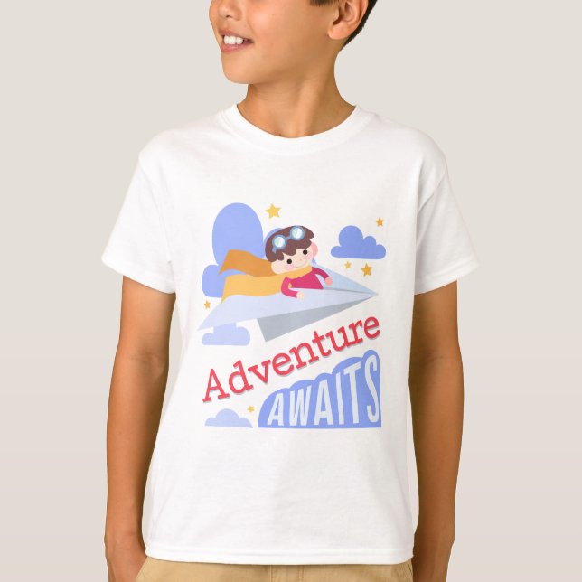 Boy Flying Paper Airplane Adventure Awaits T-Shirt (Front)
