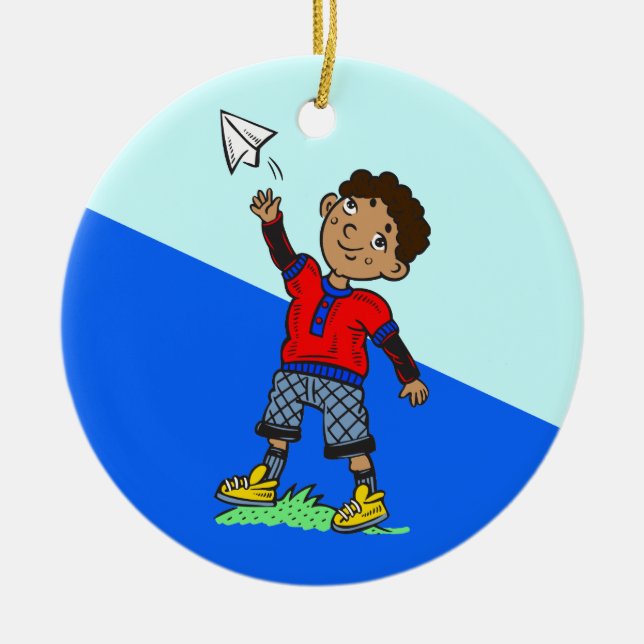 Boy Flying Paper Airplane Ceramic Ornament (Front)