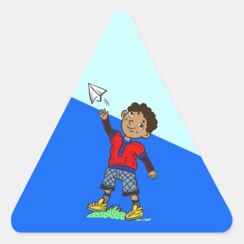 Boy Flying Paper Airplane Triangle Sticker