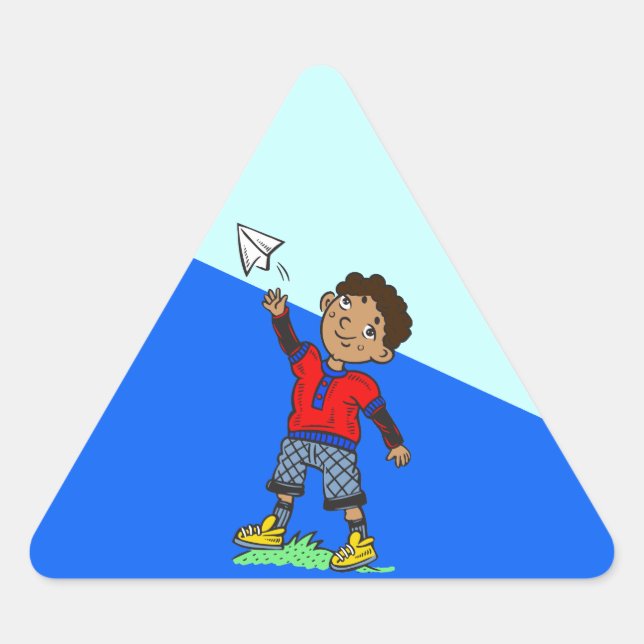Boy Flying Paper Airplane Triangle Sticker (Front)