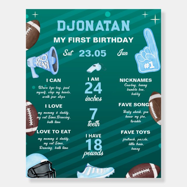 Boy Football First Birthday Milestones Sign (Front)