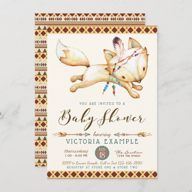 Boy Fox Tribal Aztec Baby Shower Invitations (Front/Back)