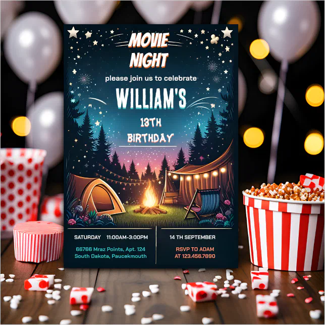boy fun Camping Popcorn Movie Night 13th birthday Invitation | Zazzle