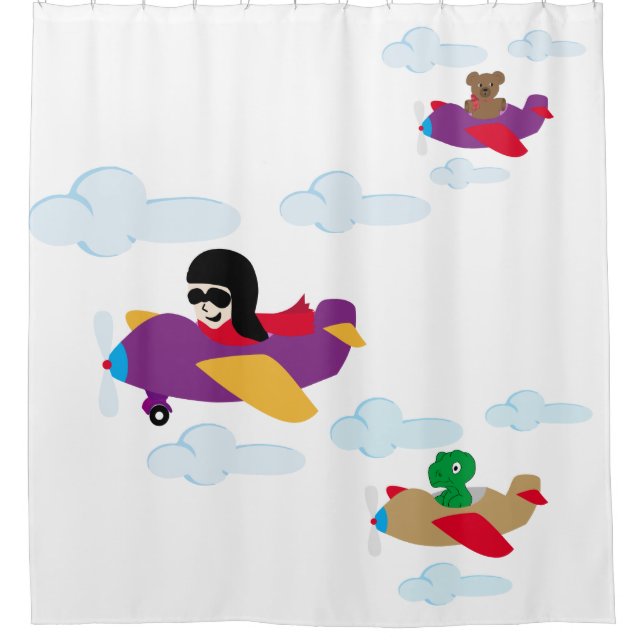 Boy, funny bear and dino flying by planes shower curtain (Front)
