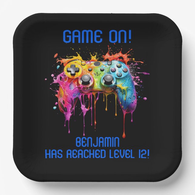 Boy Gamer Blue Video Game Party Paper Plates (Front)