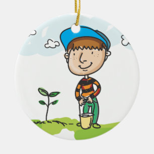 Boy gardening, tree planting ceramic ornament