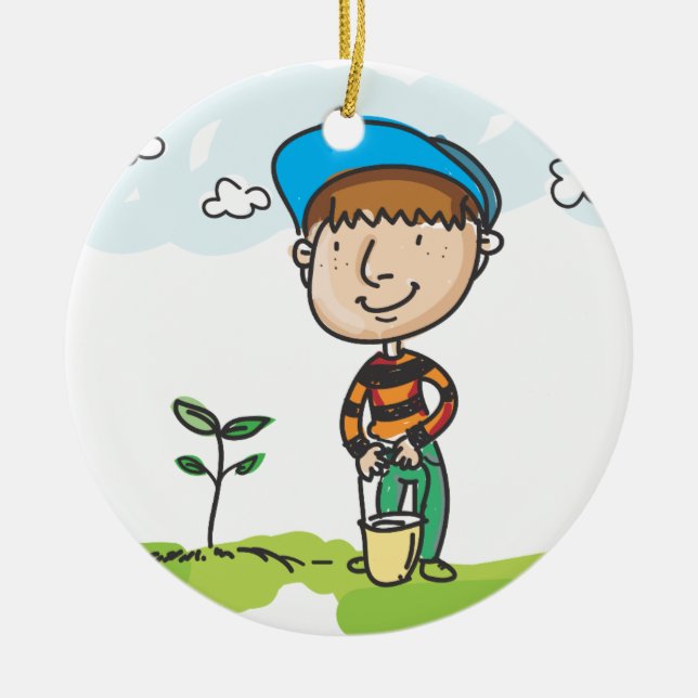Boy gardening, tree planting ceramic ornament (Front)