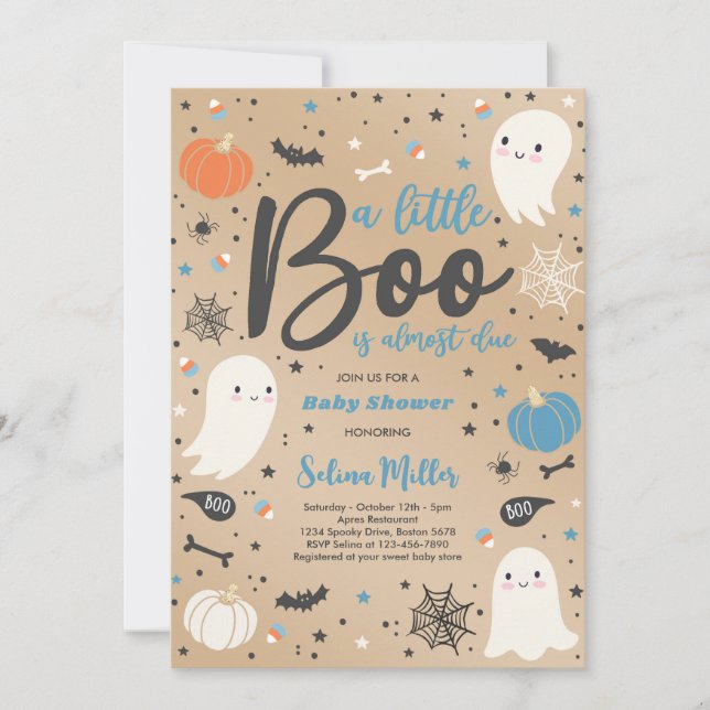 Boy Ghost Little Boo Is Due Halloween Baby Shower Invitation (Front)