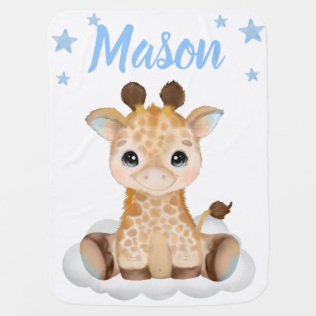 Boy Giraffe Baby Blankets Star Blue Name